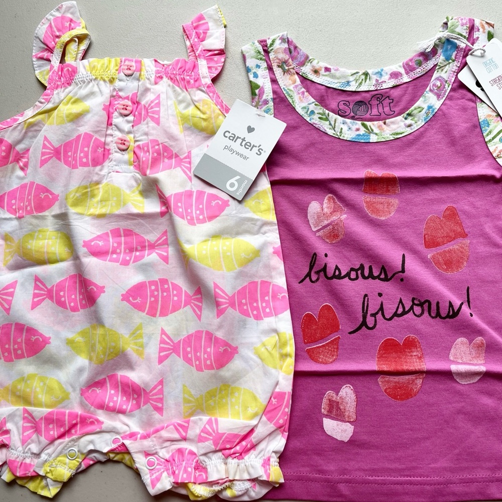 2 Baby Girl Gifts New Tags Carter’s Baby 1 Piece Romper Toddler Soft “kiss” Top